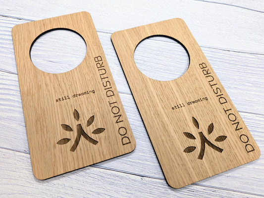 Wider Hotel Door Hangers | Free Design Service | Large Handle Hole | Oak Veneer