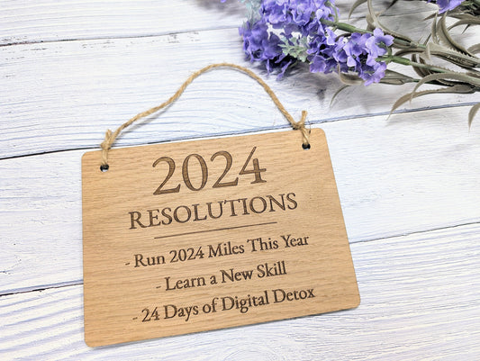 New Year's Resolution Sign - Personalised Goals for 2024 - Oak Veneer - Up to 6 Lines of Custom Resolutions - Start Your Year Right