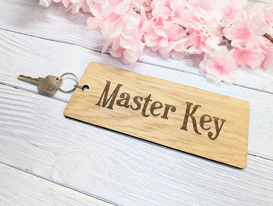 Extra-Large 200x80mm Wooden Keyring with 'Master Key' Message