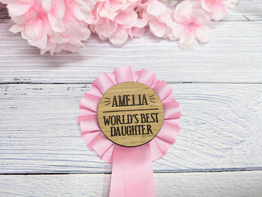 World's Best Daughter, Personalised Wooden Rosette | Pink Award Ribbon | Birthday Gift | Custom Name | Oak Veneer | Handcrafted in the UK