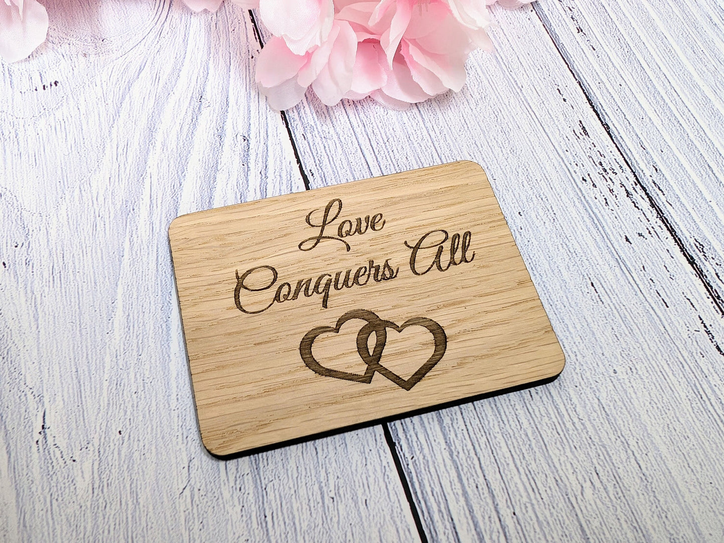 Love Conquers All - Wooden Fridge Magnet with Interlocking Hearts - Engraved