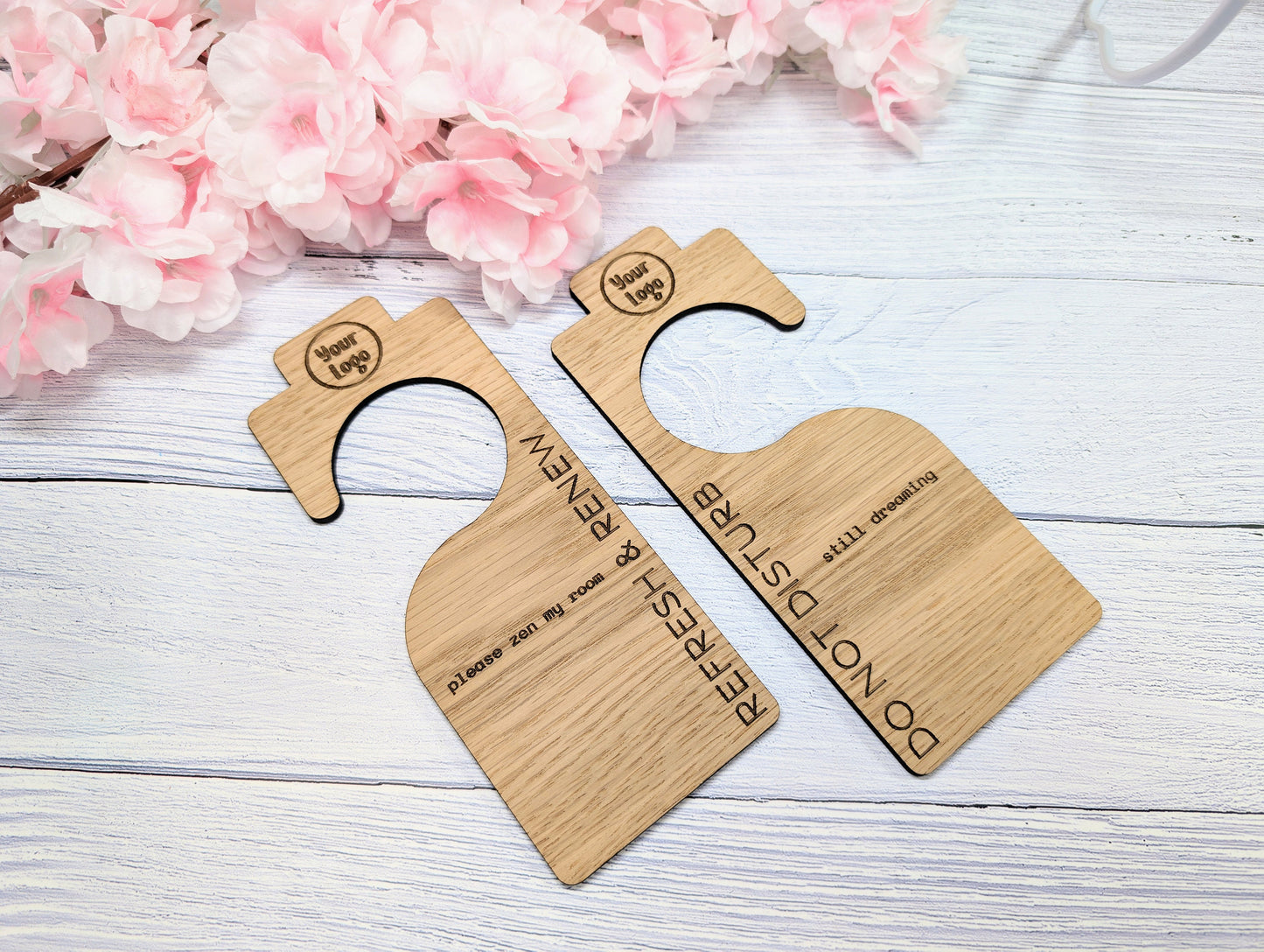 Hotel Door Hanger for Larger Handles | "Do Not Disturb" & "Please Clean My Room" | Oak Veneer | Double-Sided | Customisable Logo