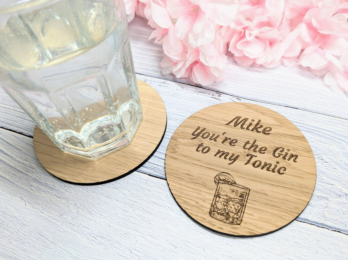 Personalised Gin & Tonic Oak Coaster - Custom Engraved 'You are the Gin to my Tonic' with Name, Eco-Friendly, 100mm Round