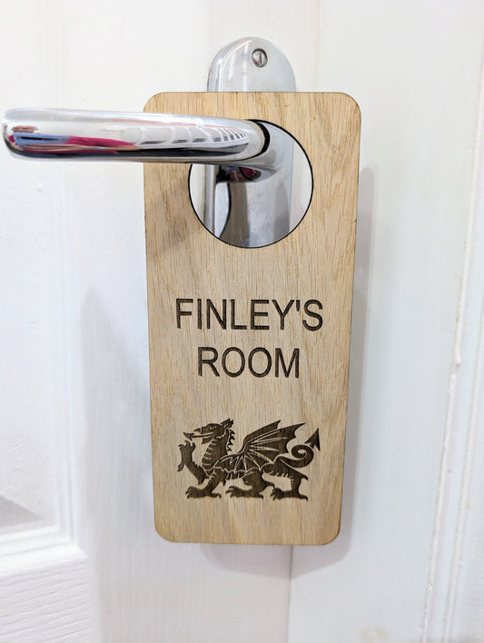 Custom Welsh Dragon Children's Room Sign - Personalised Oak Veneer Door Hanger