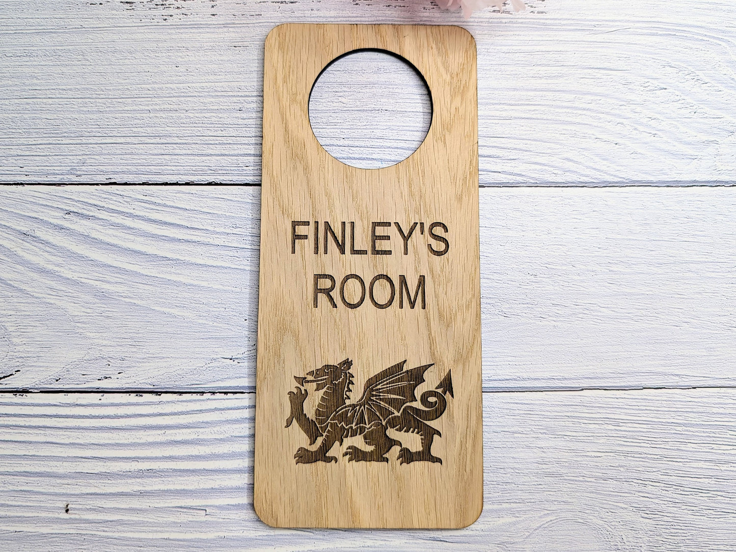 Custom Welsh Dragon Children's Room Sign - Personalised Oak Veneer Door Hanger