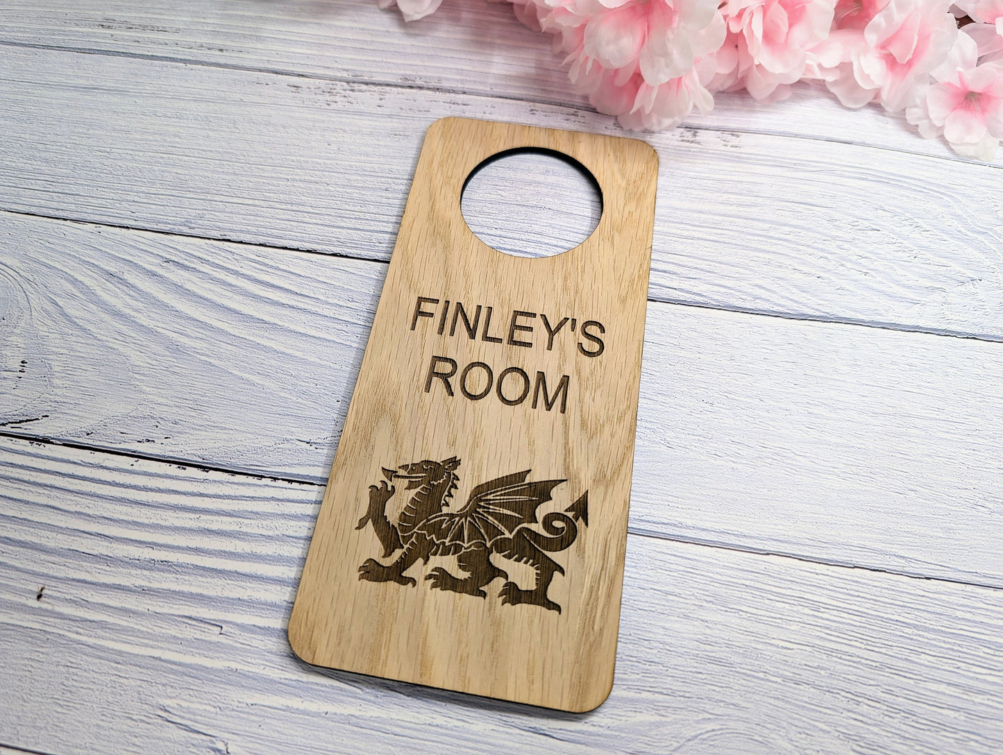 Custom Welsh Dragon Children's Room Sign - Personalised Oak Veneer Door Hanger