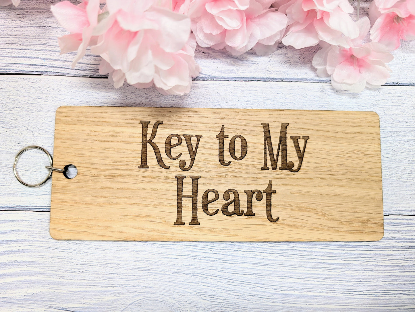 Key to My Heart oak keyring on keys — 200x80mm, laser engraved, romantic gift