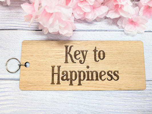 Key to Happiness - Wooden Keyring - Extra-Large 200x80mm – Inspirational Gift Idea, Motivational Gift