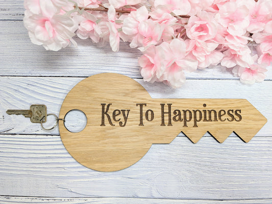 Key To Happiness - Oversized Key-Shaped Wooden Keyring - Unique Gift Idea - Inspirational Quote Keychain