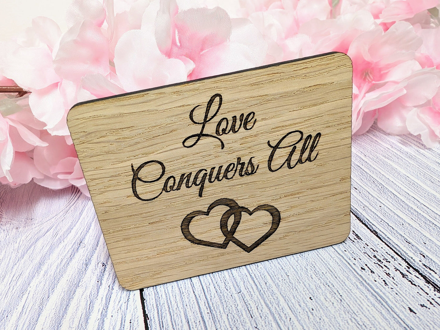 Love Conquers All - Wooden Fridge Magnet with Interlocking Hearts - Engraved