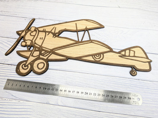 Vintage Biplane Wall Art - Oak Veneer Engraved Biplane Decor, Aviation History Enthusiast, 400mm Wide