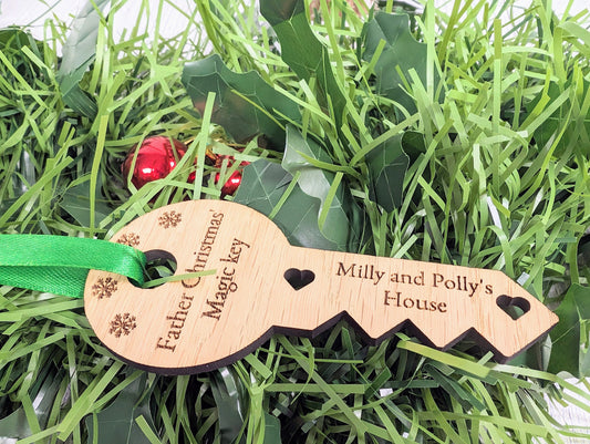 Personalised Oak Father Christmas Magic Key - Custom Kids' Names, Festive Decor