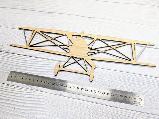 Vintage Biplane Silhouette Wall Art - Oak Veneer Engraved Biplane Decor, Aviation History Enthusiast, 400mm Wide