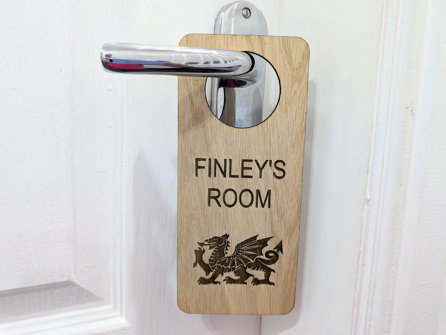 Custom Welsh Dragon Children's Room Sign - Personalised Oak Veneer Door Hanger