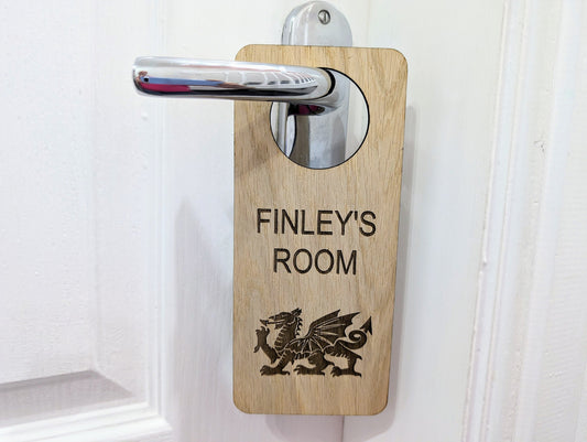 Custom Welsh Dragon Children's Room Sign - Personalised Oak Veneer Door Hanger