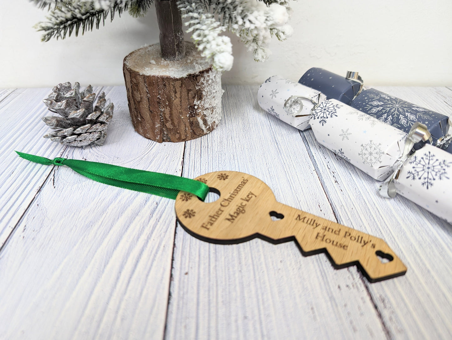 Personalised Oak Father Christmas Magic Key - Custom Kids' Names, Festive Decor