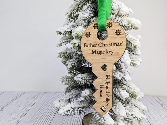 Personalised Oak Father Christmas Magic Key - Custom Kids' Names, Festive Decor