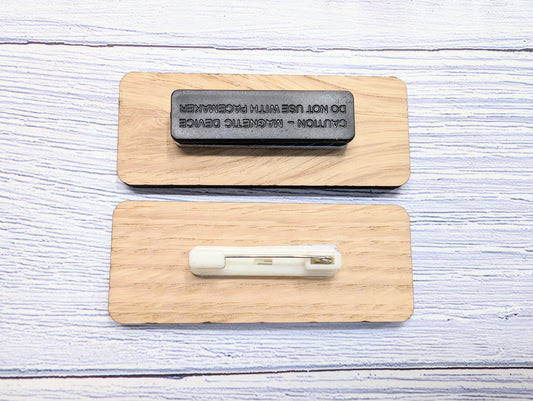 Custom Cafe & Restaurant Name Badges - 75x30mm, Eco Oak MDF, Chef/Coffee Graphics, Magnet/Pin, Personalized Staff Tags