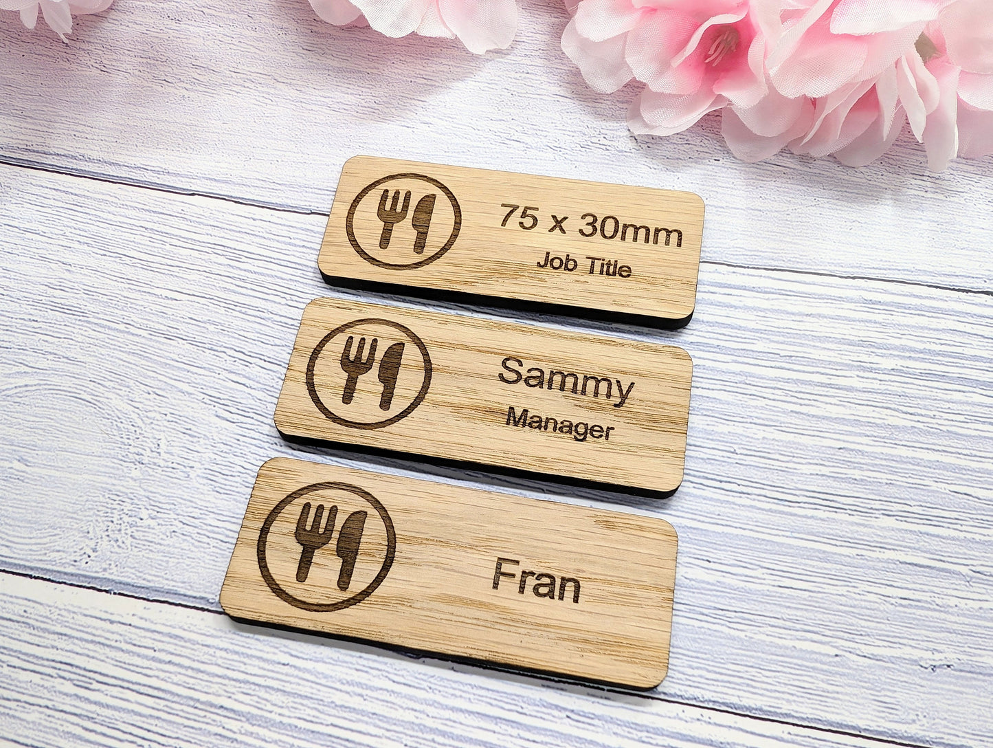 Café & Restaurant Name Badges | 75x30mm Oak | Chef & Coffee Graphics