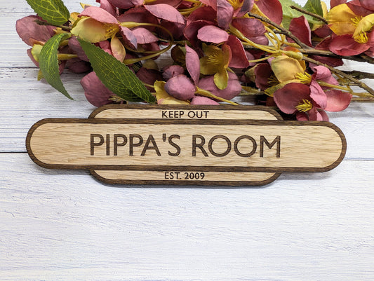 Personalised Railway Station Room Name Sign - Oak MDF - Customizable Text, 4 Sizes - Eco-Friendly, British Crafted Door Sign