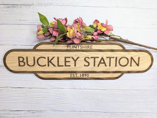 Model Railway Custom Station Sign - Oak MDF, Personalised for Enthusiasts, Authentic British Design, 4 Sizes
