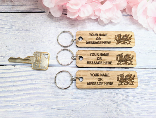 Personalised Welsh Dragon Keyring - 90x25mm Oak Wood, Custom Text | Ideal for Hotels, Clubs, Gifts, Sports Teams, Airbnb, Keepsake
