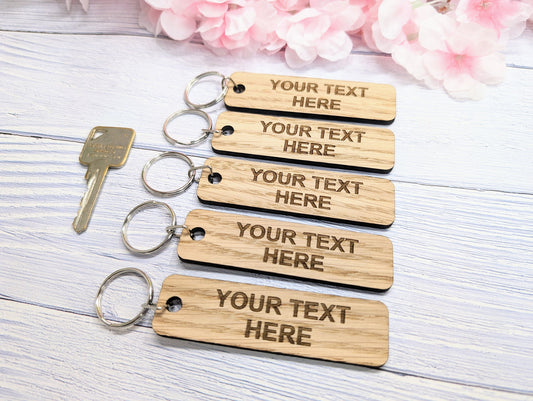 Custom Text Oak Wood Keyring - 90x25mm