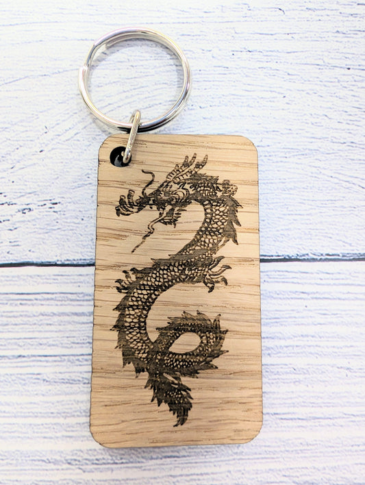 Dragon Keyring - Handcrafted Welsh Oak, 65x35mm | Ideal for Year of the Dragon & Fantasy Game Lovers, Unique Gift