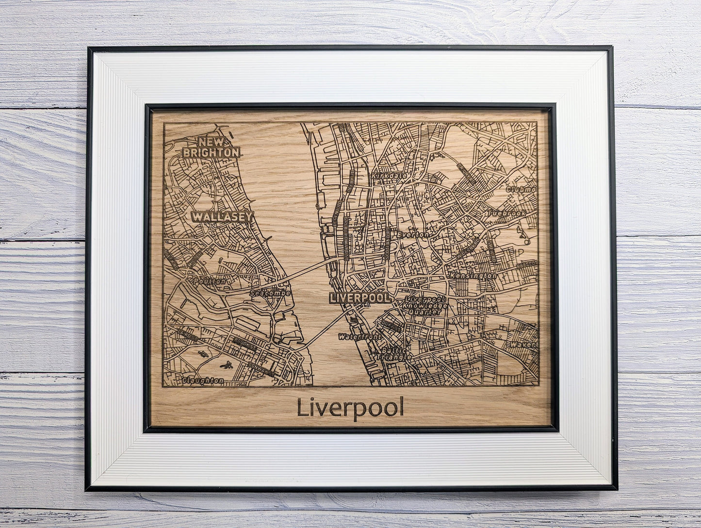 Framed Wooden Liverpool Map - Oak City Map with Wirral, Wallasey & New Brighton | 253x202mm, Table or Wall Mount, Monochrome Frame