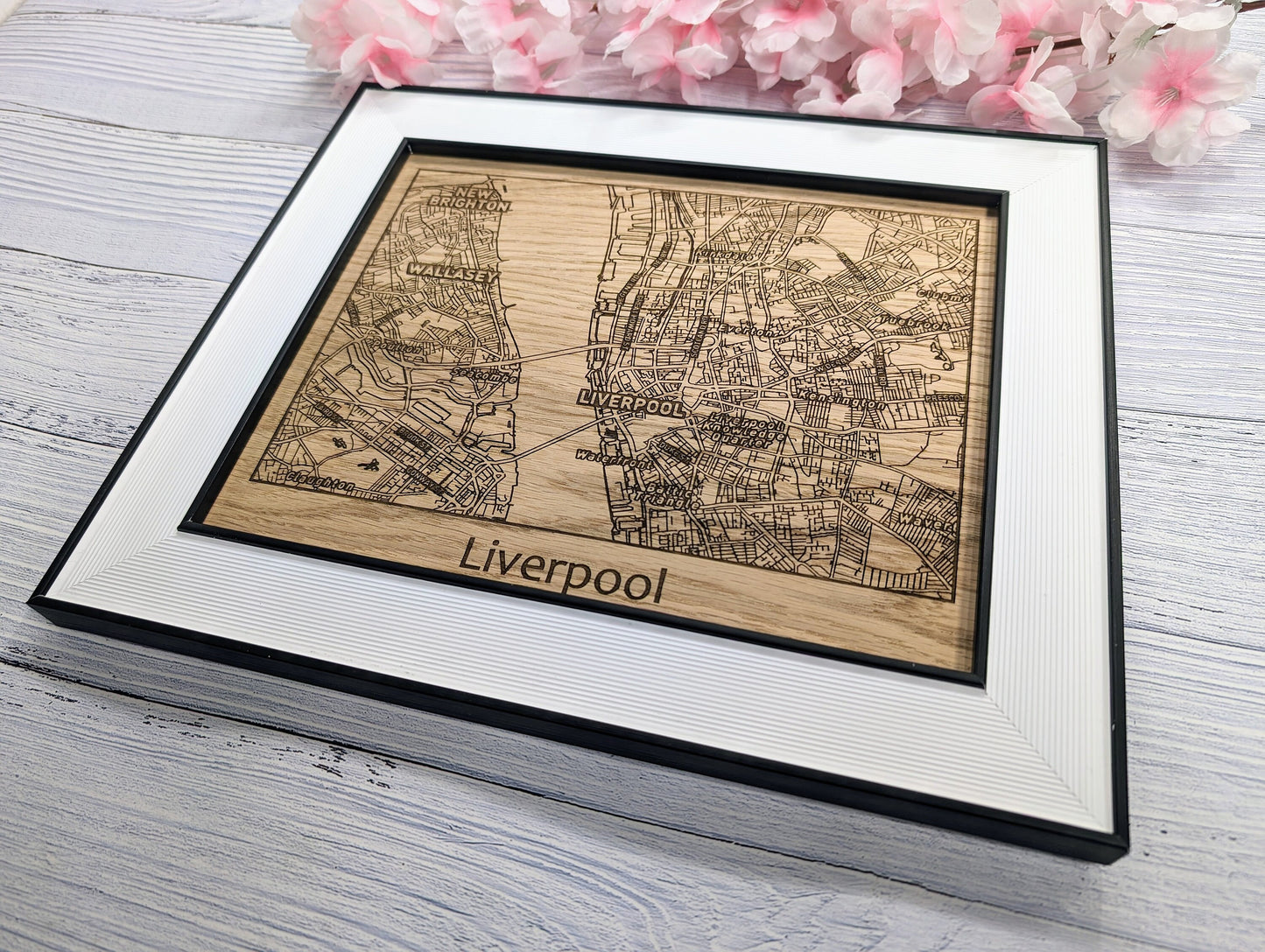Framed Wooden Liverpool Map - Oak City Map with Wirral, Wallasey & New Brighton | 253x202mm, Table or Wall Mount, Monochrome Frame