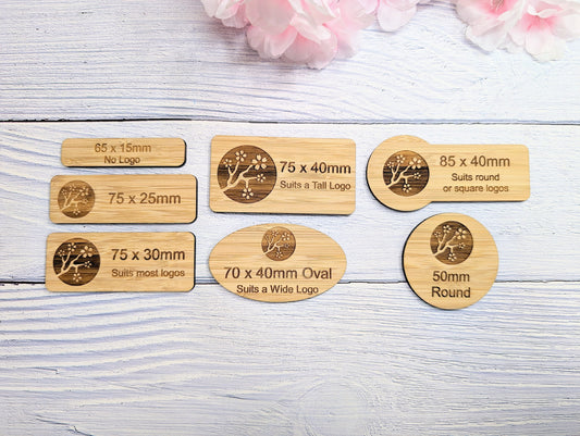 Bamboo name badges for businesses — eco-friendly, multiple sizes