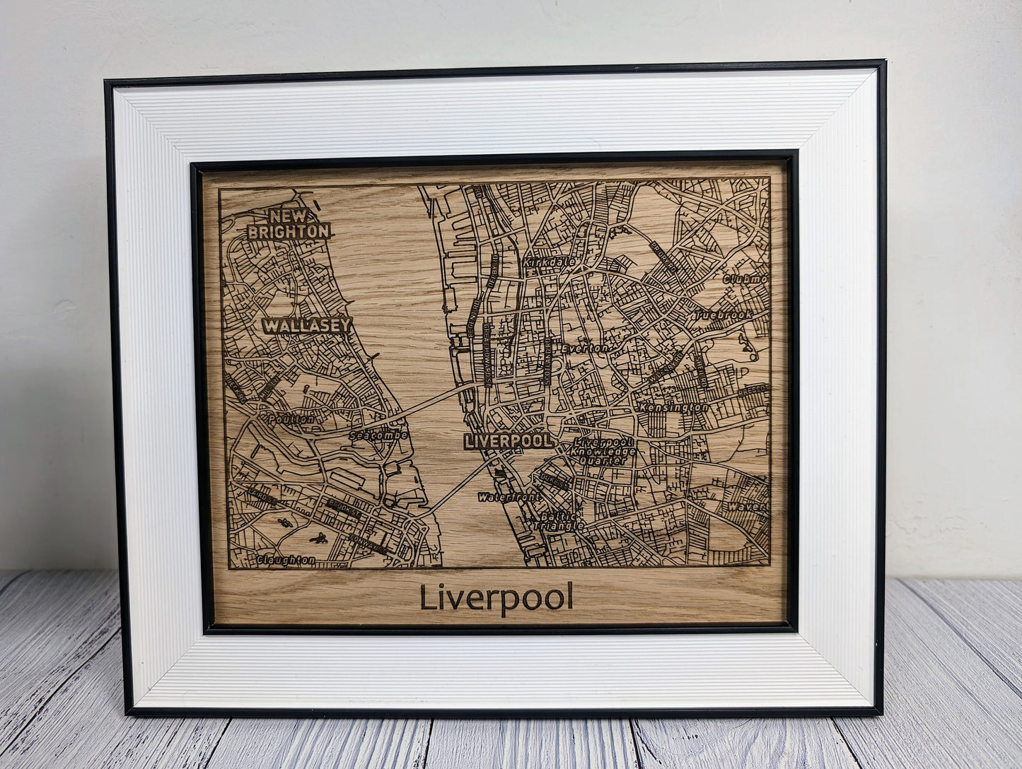 Framed Wooden Liverpool Map - Oak City Map with Wirral, Wallasey & New Brighton | 253x202mm, Table or Wall Mount, Monochrome Frame