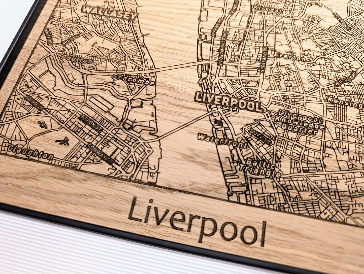 Framed Wooden Liverpool Map - Oak City Map with Wirral, Wallasey & New Brighton | 253x202mm, Table or Wall Mount, Monochrome Frame