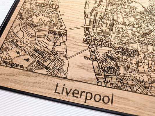Framed Wooden Liverpool City Map: Oak & Monochrome, Wall Art Decor