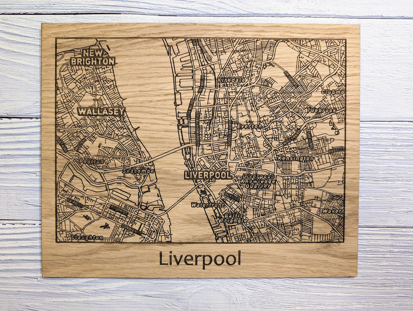 Framed Wooden Liverpool Map - Oak City Map with Wirral, Wallasey & New Brighton | 253x202mm, Table or Wall Mount, Monochrome Frame