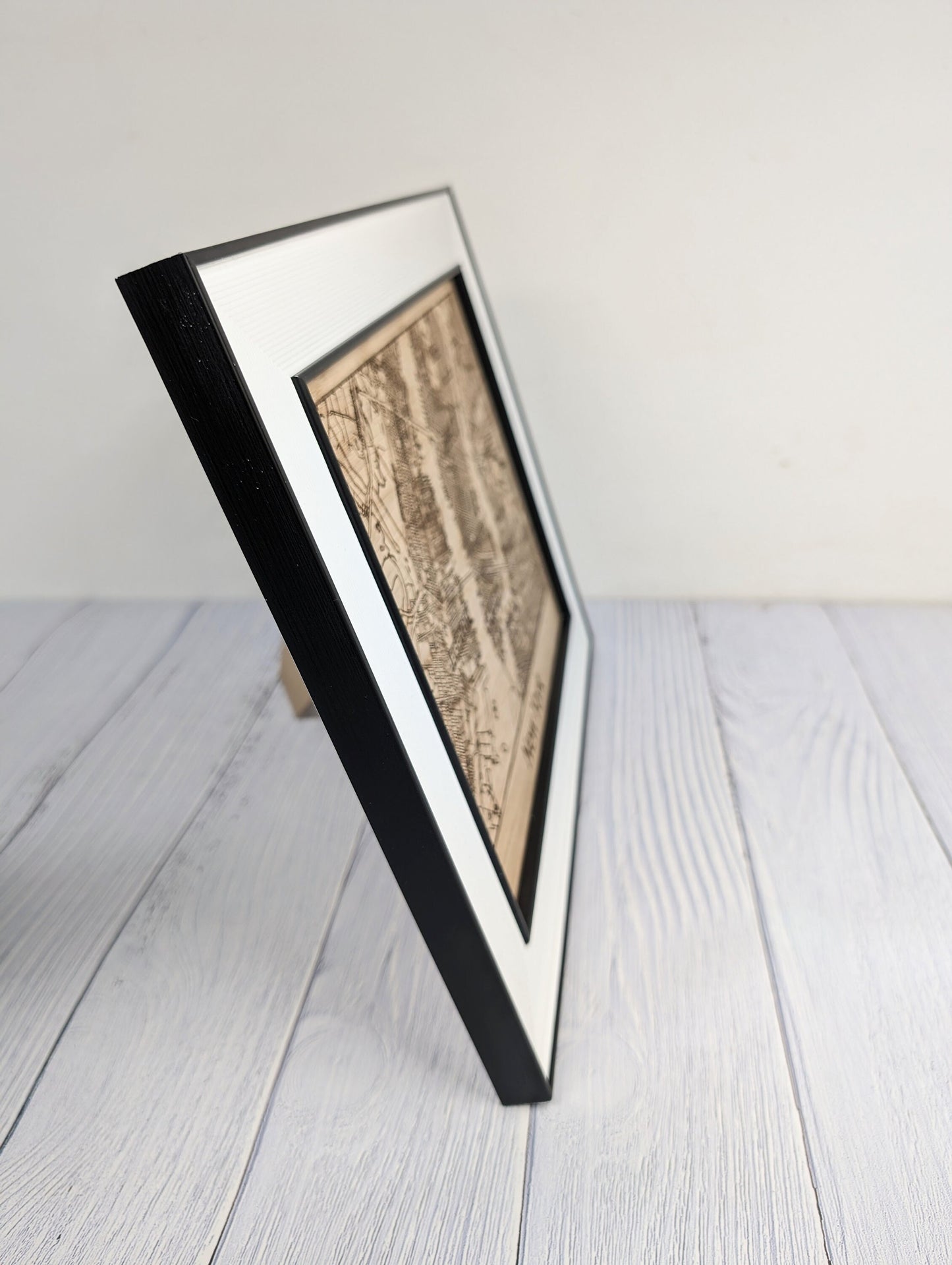 Framed Wooden New York City Map - Oak NYC Wall Art, Table Display | 253x202mm, Monochrome Frame, Iconic Cityscape Detail