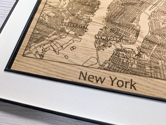 Framed Wooden New York City Map - Oak NYC Wall Art, Table Display | 253x202mm, Monochrome Frame, Iconic Cityscape Detail