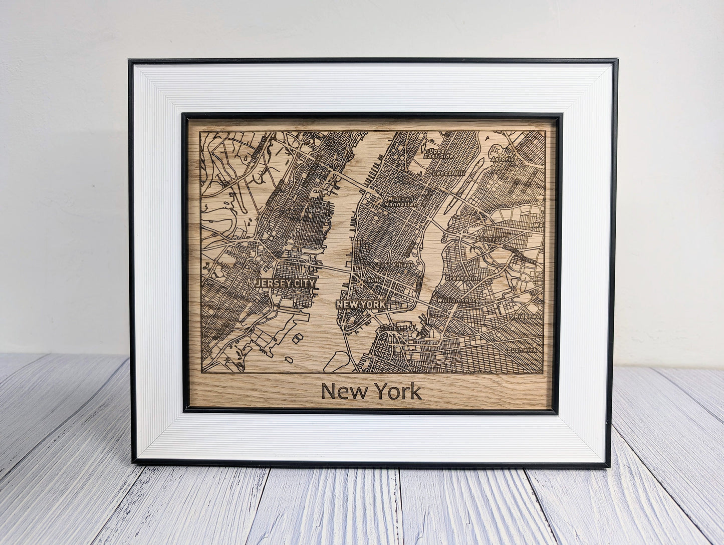 Framed Wooden New York City Map - Oak NYC Wall Art, Table Display | 253x202mm, Monochrome Frame, Iconic Cityscape Detail