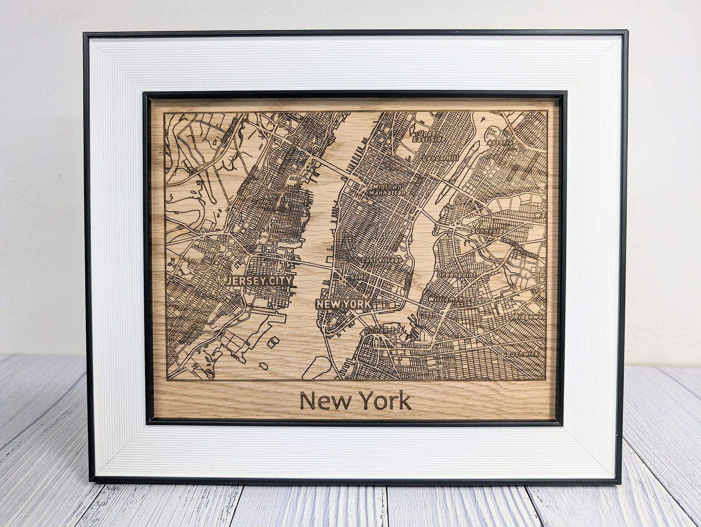 Framed Wooden New York City Map - Oak NYC Wall Art, Table Display | 253x202mm, Monochrome Frame, Iconic Cityscape Detail