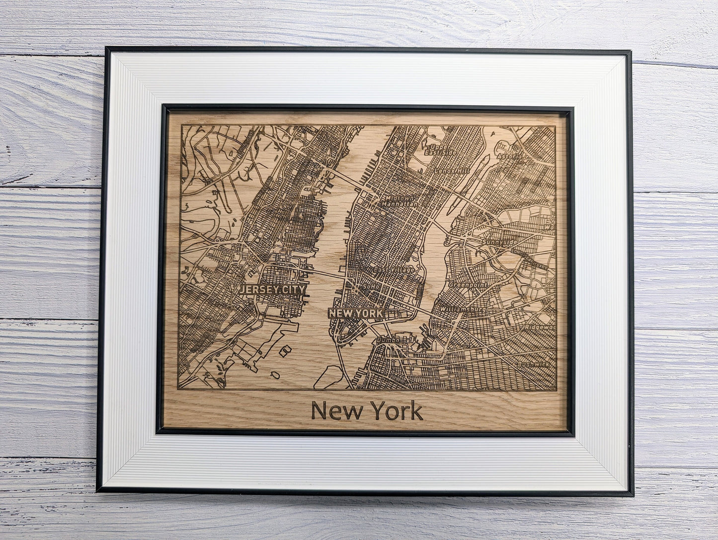 Framed Wooden New York City Map - Oak NYC Wall Art, Table Display | 253x202mm, Monochrome Frame, Iconic Cityscape Detail