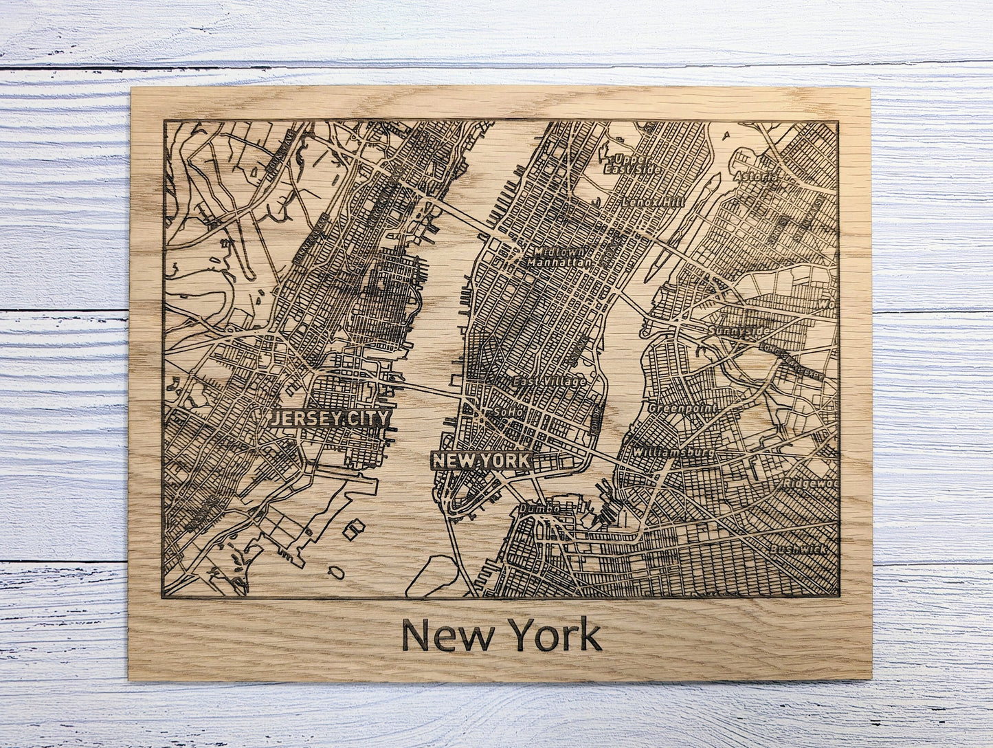 Framed Wooden New York City Map - Oak NYC Wall Art, Table Display | 253x202mm, Monochrome Frame, Iconic Cityscape Detail