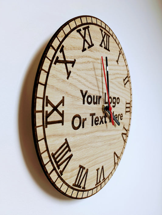 Custom Engraved Wooden Wall Clock - Personalised Text & Logo - 30cm