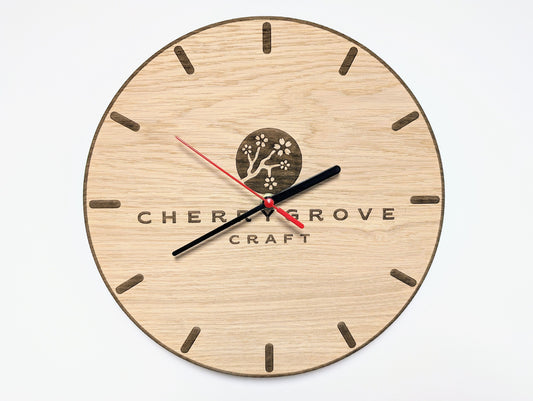 Personalised Wooden Logo Wall Clock - Custom Engraved Branded Timepiece - Eco-Friendly Oak Veneer - Sustainable Packaging - 30cm