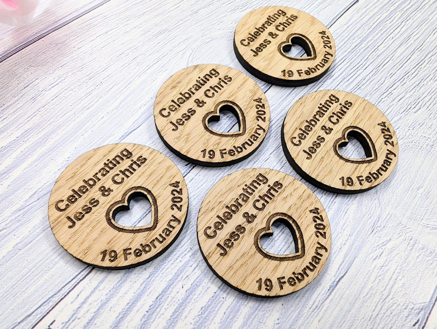 Personalised Wooden Wedding Favour Discs, Unique Table Favours