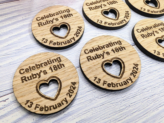Custom Birthday Favour Discs - Oak - Personalised Birthday Discs with Name & Date (or Guest Name) - Table Favours - Milestone Parties