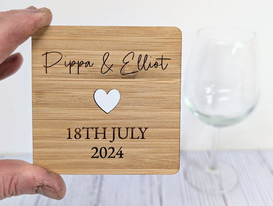 Personalised Bamboo Wedding Coasters - Customizable with Names, Date & Heart Design, 90mm x 90mm, Unique Wedding Favors