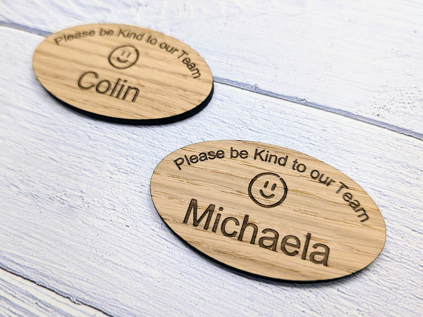 Personalised Oak Veneer Name Badge - Eco-Friendly, Oval 'Please Be Kind to Our Team' - Customisable for Company Name & Job Title