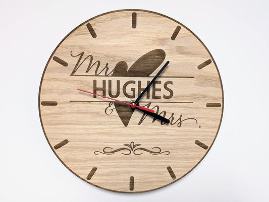 Custom 'Mr & Mrs' Oak Veneer Clock – Bespoke Wedding / Anniversary Gift