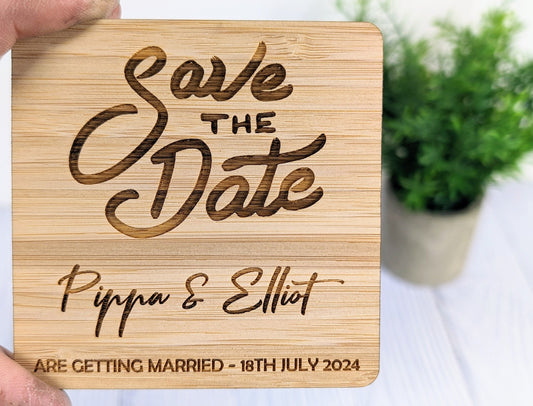 Personalised 'Save The Date' Bamboo Coasters - Custom with Names & Date, 90mm x 90mm, Unique Wedding Favors