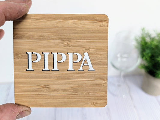 Personalised Bamboo Square Coasters - Custom Name Cut-Out